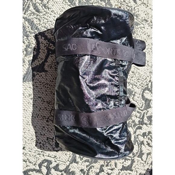 Lesportsac Weekender Bag Black Shiny 14" Overnight Pockets Coated Duffe Bag Rare - Picture 3 of 14
